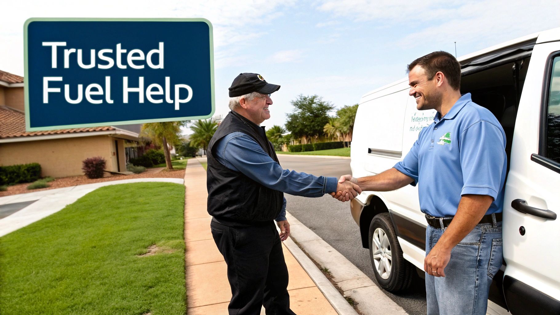 Two men shaking hands next to a white service van on a residential street, with a 'Trusted Fuel Help' sign.