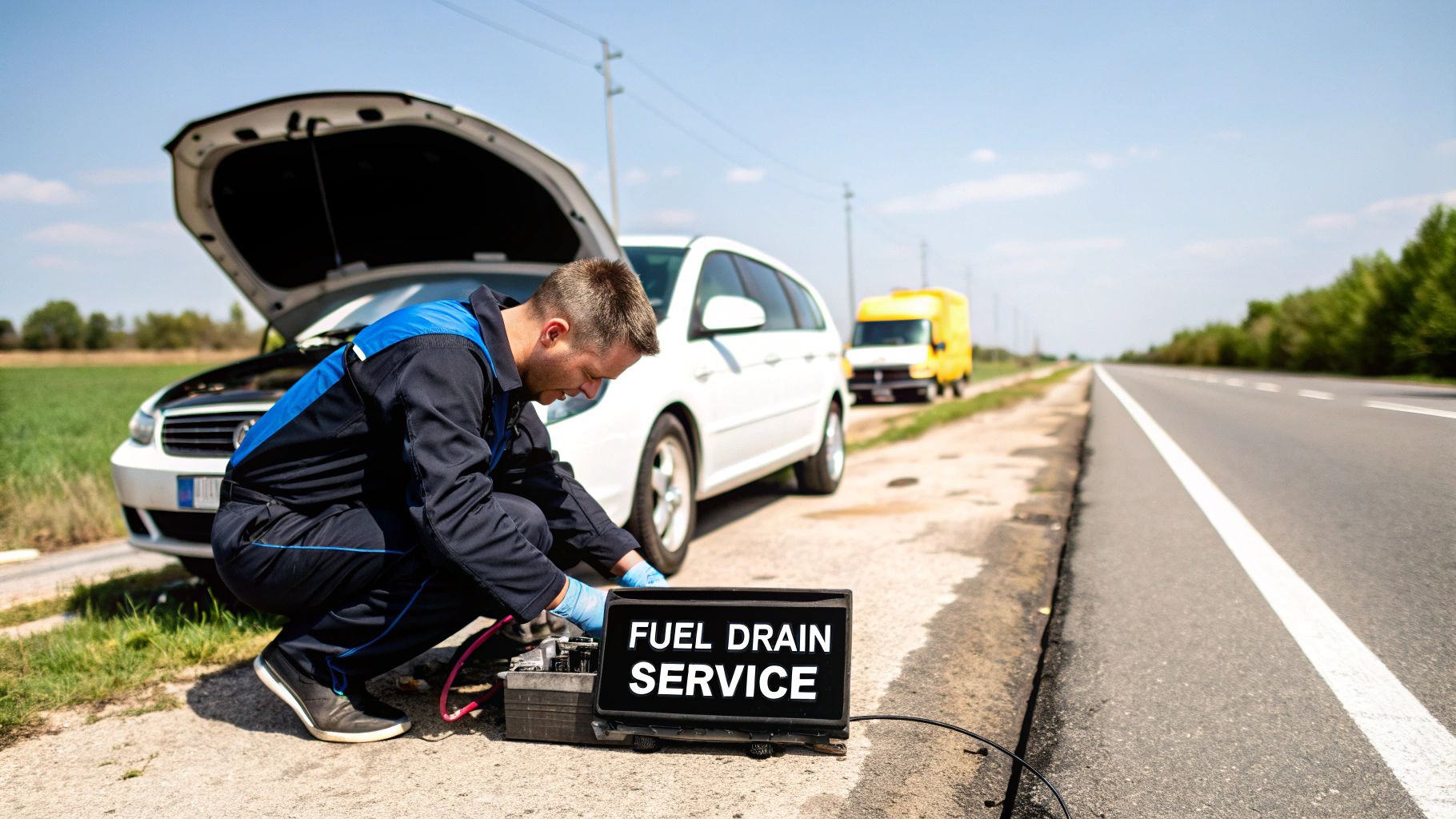 Roadside mechanic providing fuel drain service for broken down white car on highway