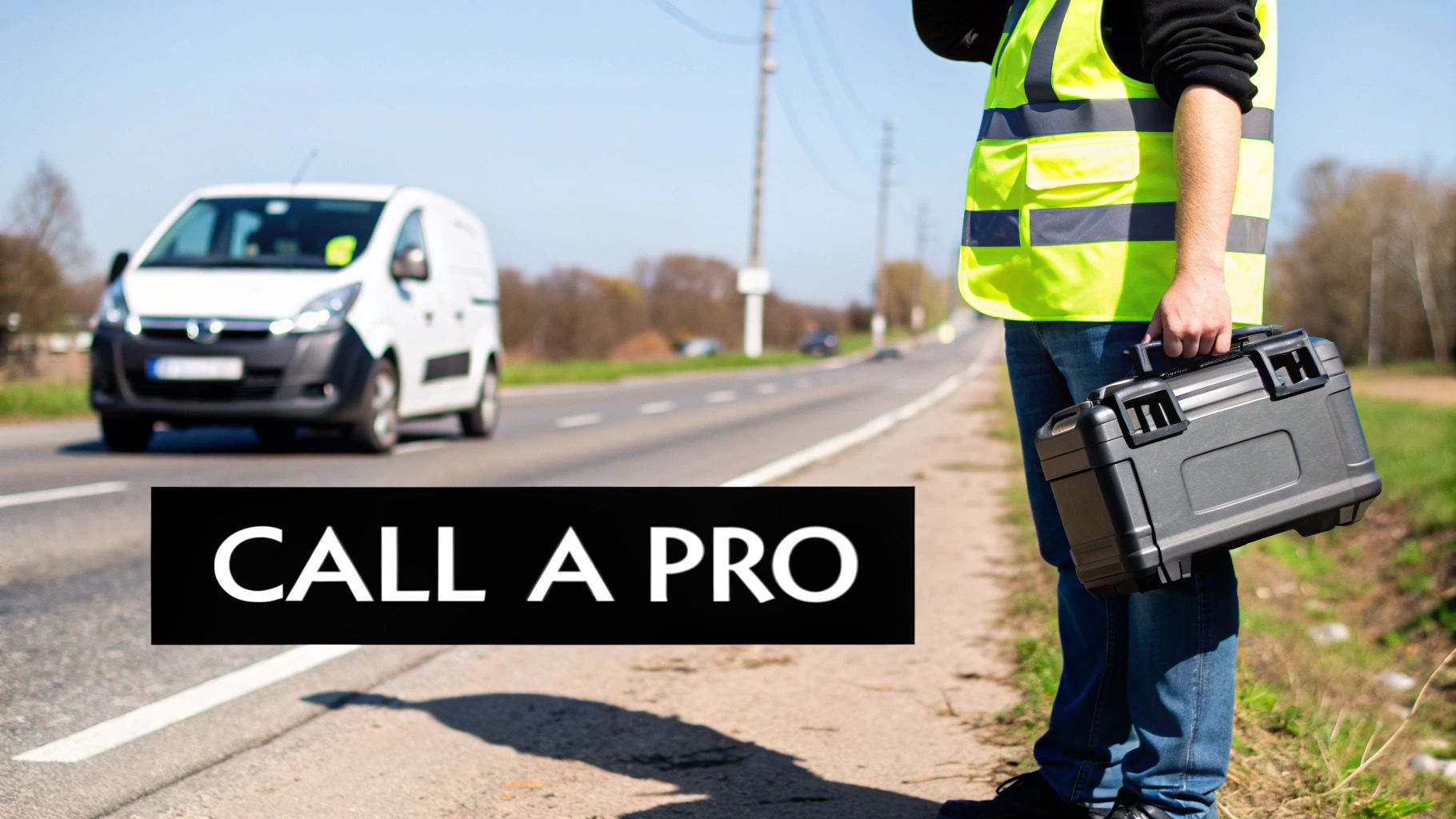 A person in a high-visibility vest holds a toolbox by a road, with a white van nearby, suggesting professional assistance.