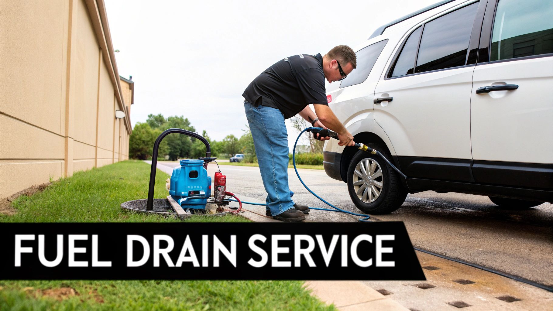 Man in sunglasses and black shirt performing a fuel drain service on a white SUV.