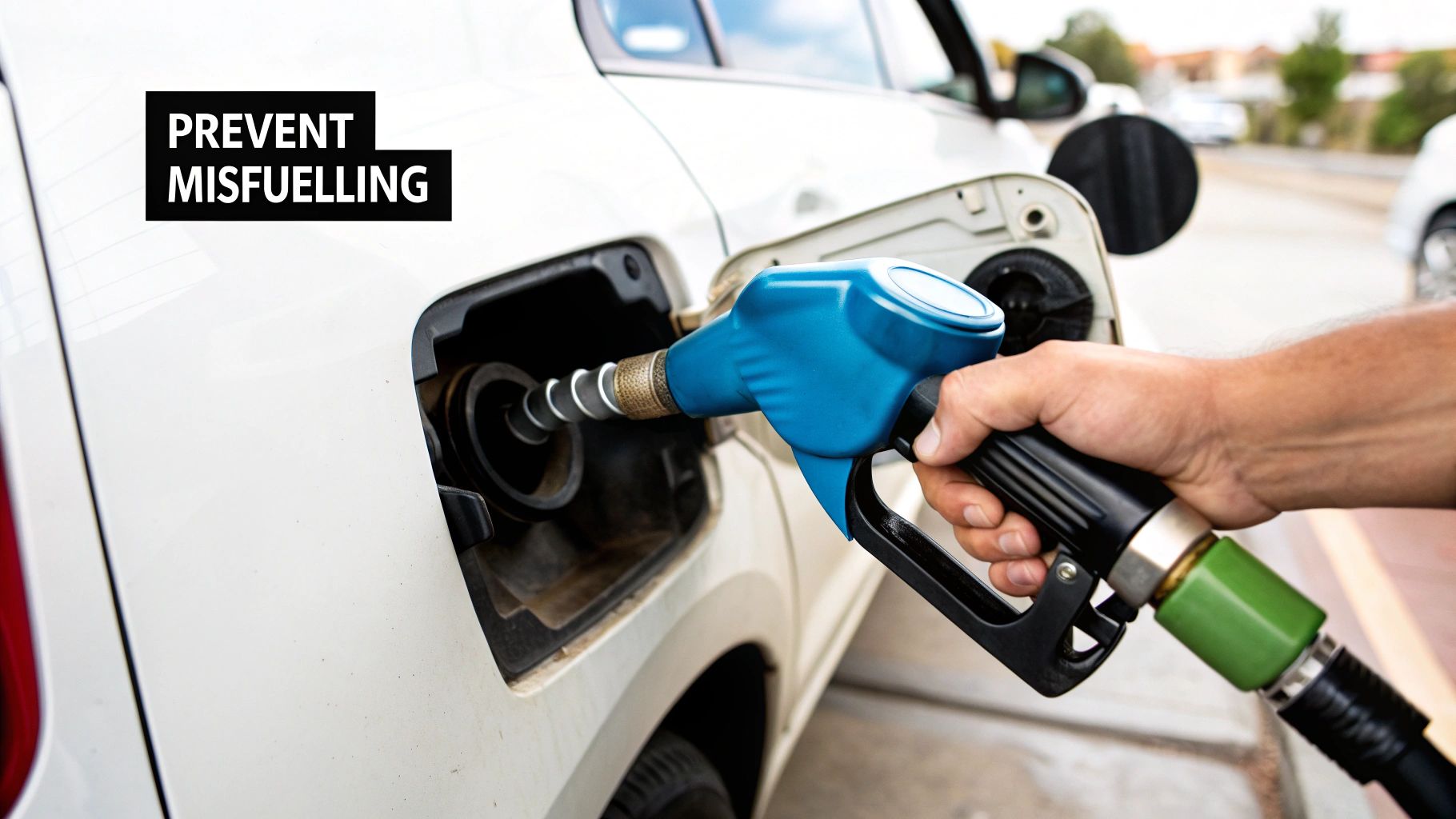 A person is refueling a white car with a blue fuel nozzle, with the text 'PREVENT MISFUELLING' visible.