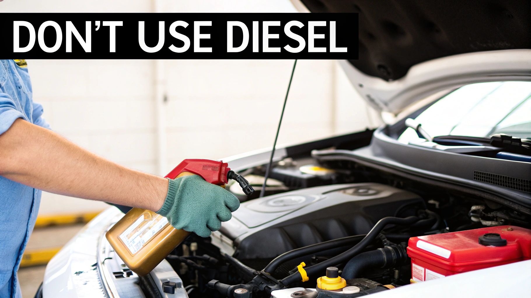 Person pouring liquid from a golden bottle into a car engine, with a &#39;DON&#39;T USE DIESEL&#39; warning.