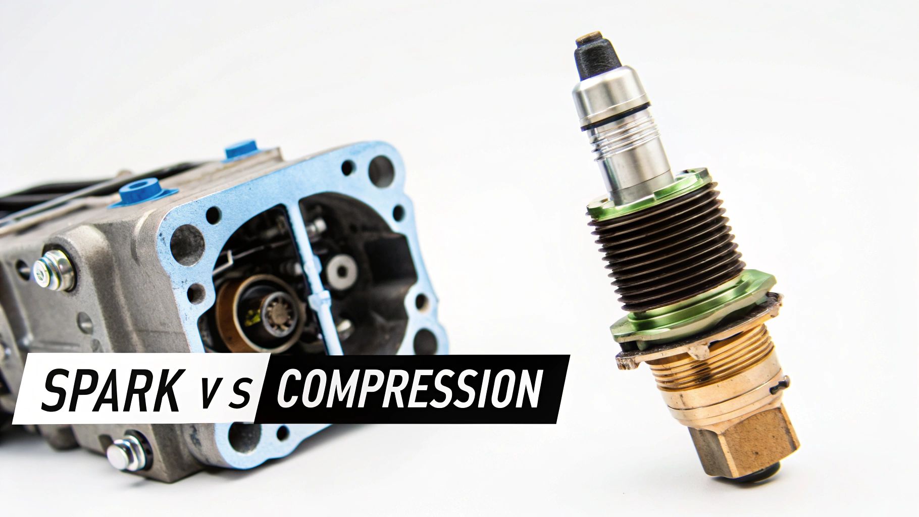 A close-up comparison of a spark plug and an exposed engine part, illustrating spark versus compression.