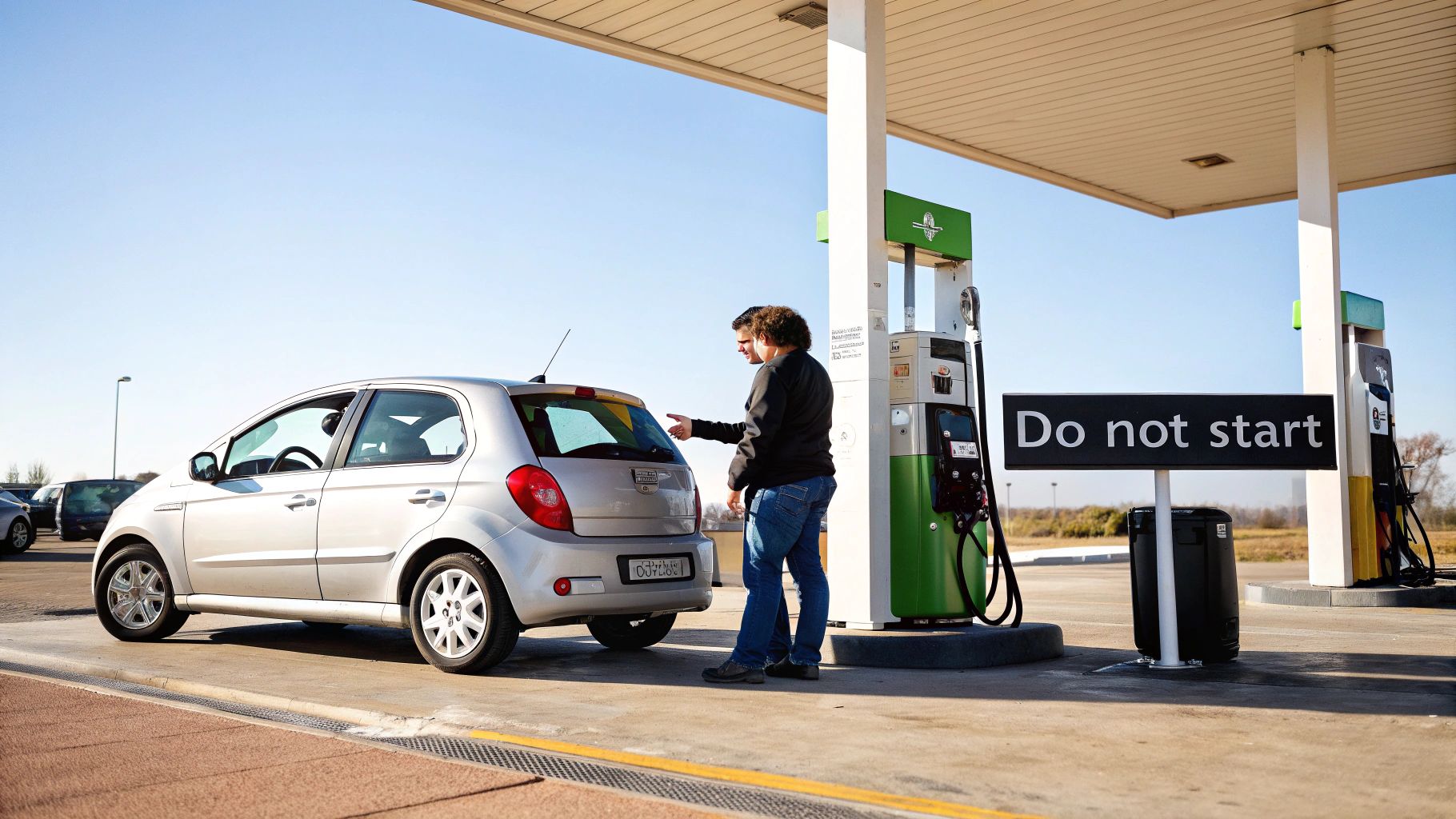 Two men discussing next to a silver car at a petrol station under a clear sky.