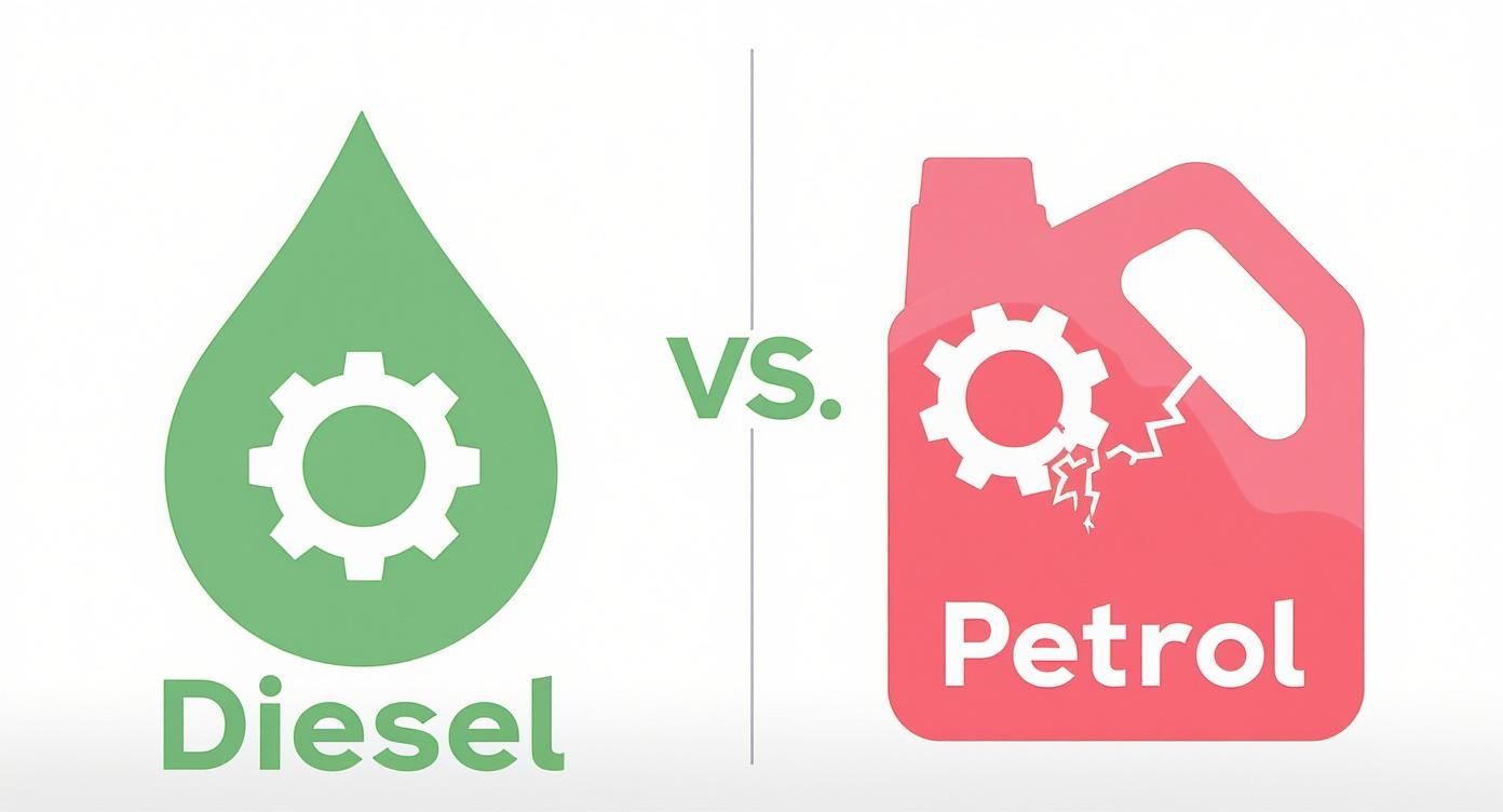 Infographic showing that diesel lubricates engine parts while petrol, a solvent, destroys them.
