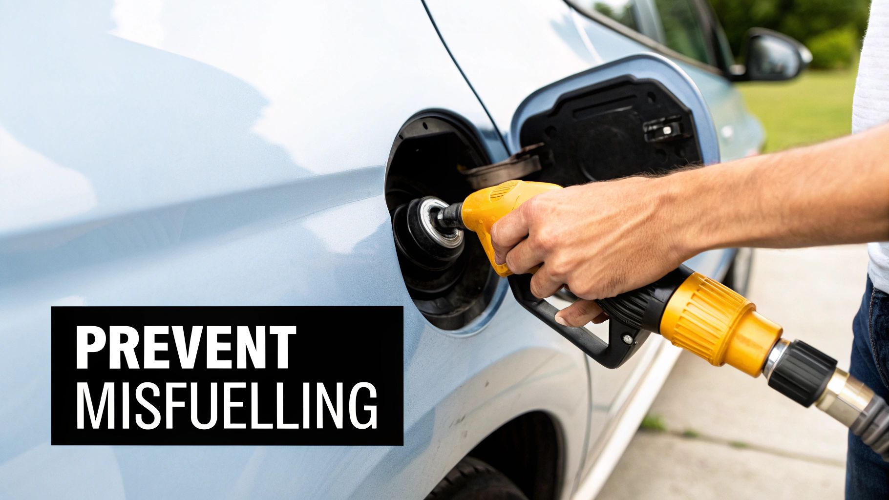 A hand refuels a light blue car with a yellow nozzle, showing text PREVENT MISFUELLING.