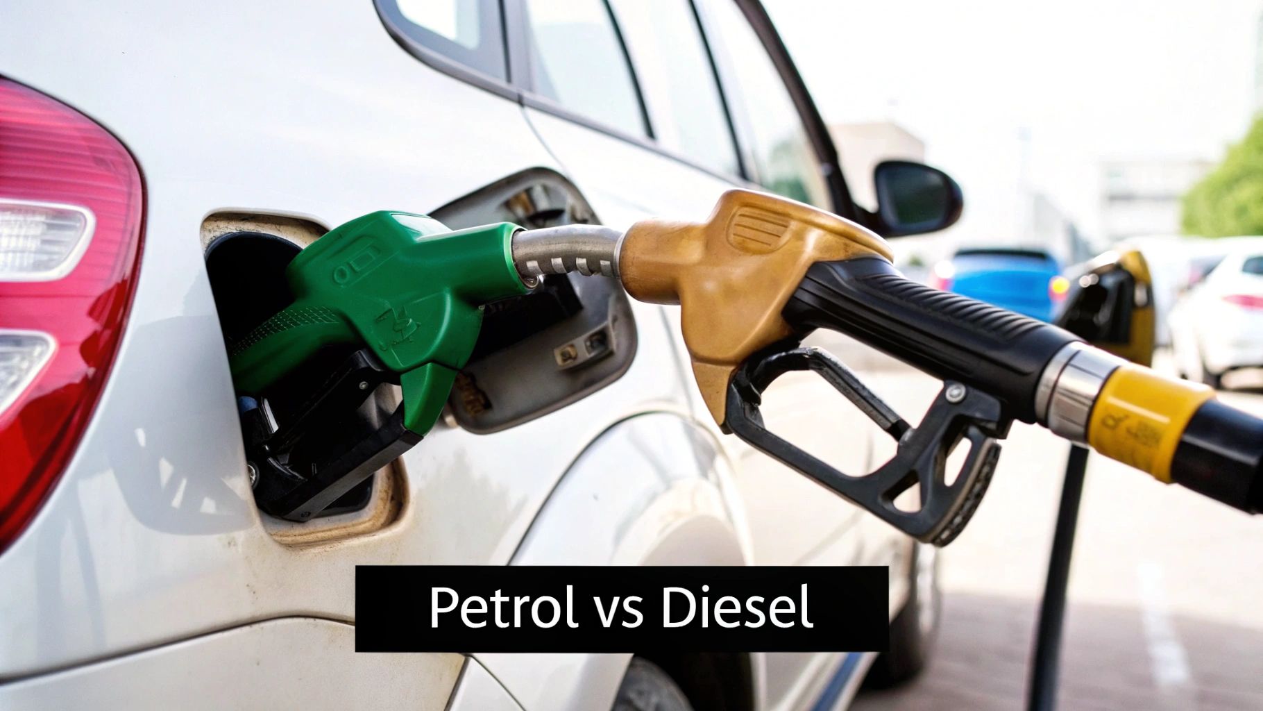 A green petrol pump nozzle is actively refueling a white car, with a yellow diesel pump also present.
