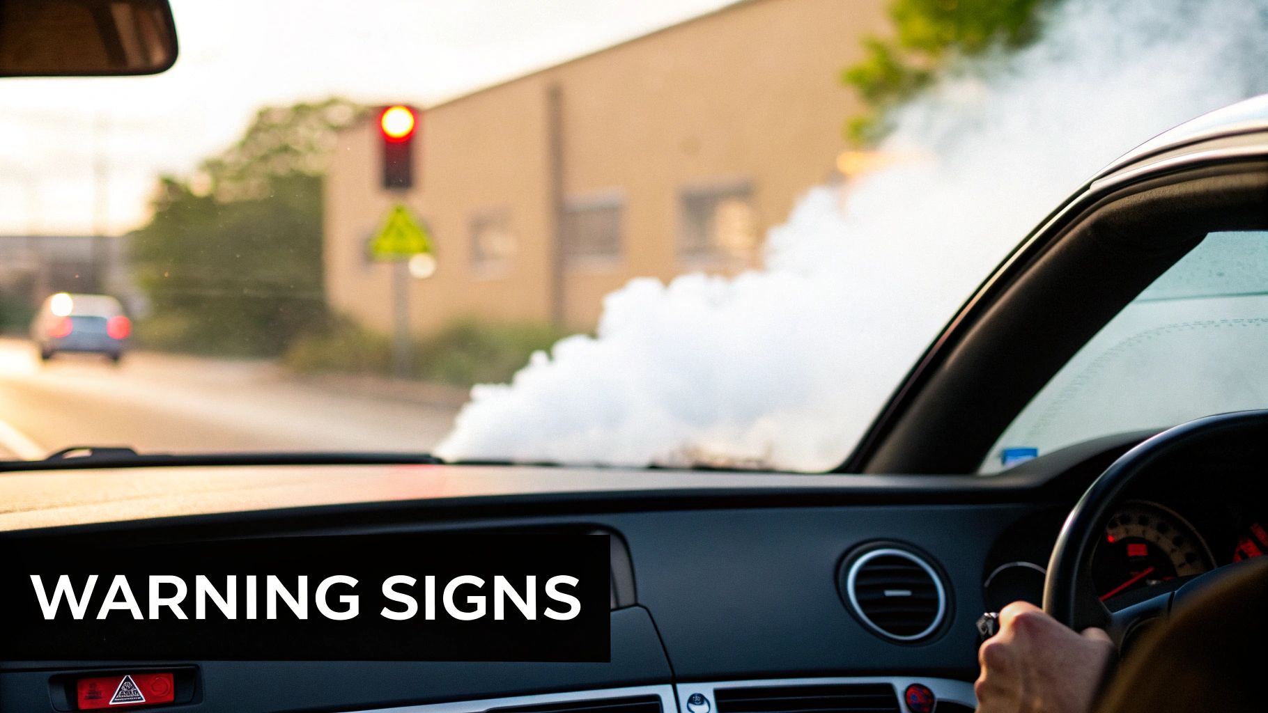View from inside a car with thick smoke coming from the engine, a red light ahead, and 'WARNING SIGNS' text.