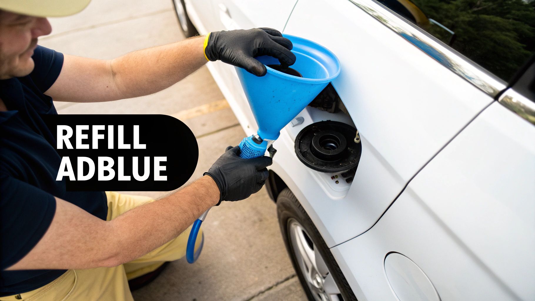 Man wearing gloves refilling AdBlue into a white car using a blue funnel, with overlaid text 'REFILL ADBLUE'.