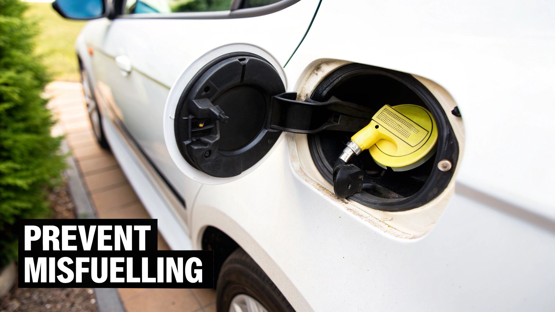 A yellow fuel nozzle inserted into the open fuel tank of a white car, highlighting misfuelling prevention.