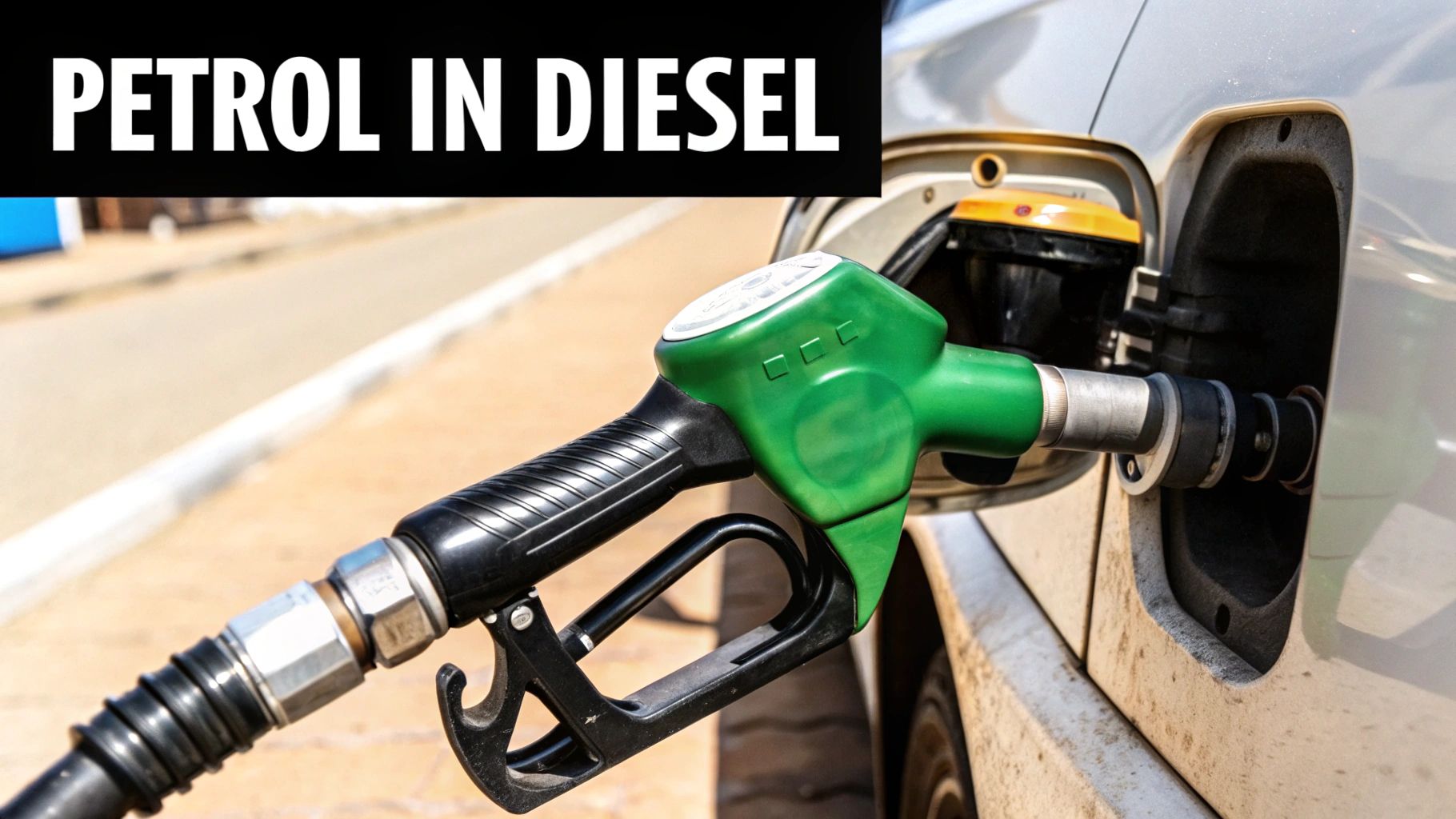 A green fuel nozzle inserted into a car's fuel tank, with a banner indicating 'PETROL IN DIESEL'.