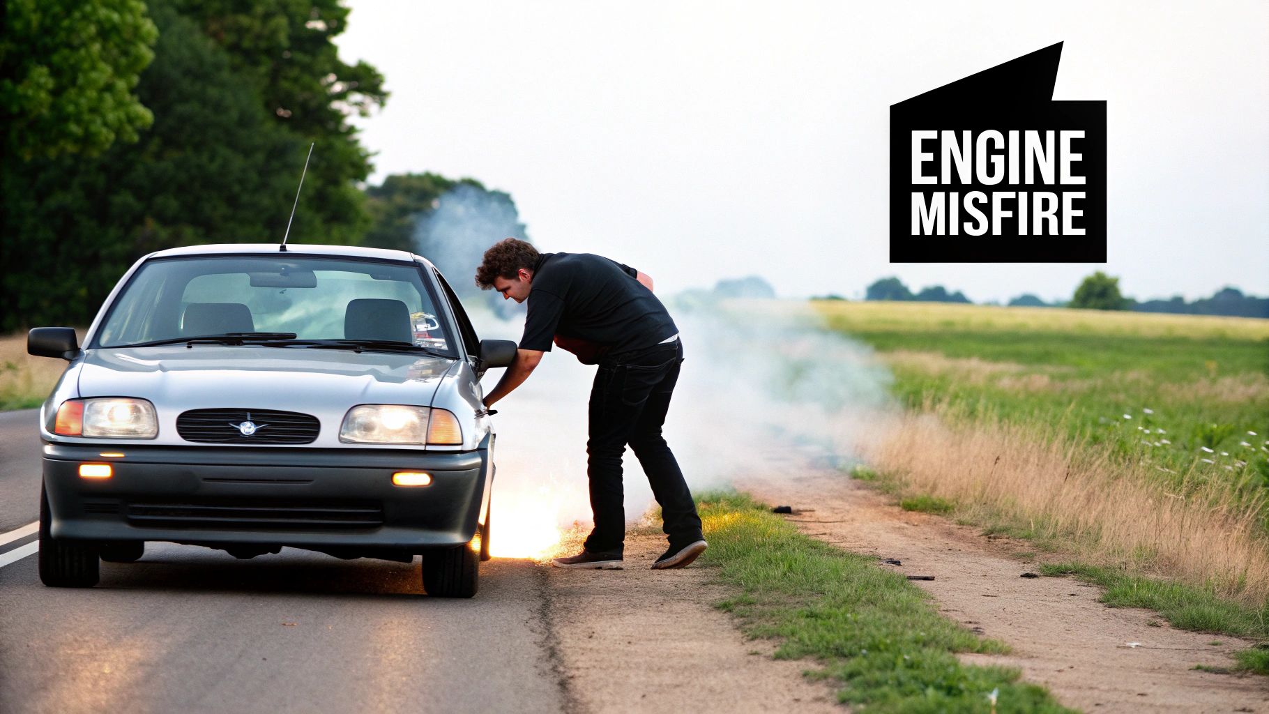 A man inspects a smoking silver car with a flame on a rural roadside.