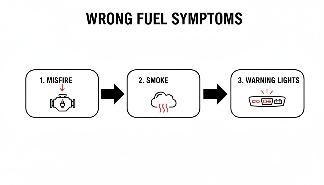 Flowchart illustrating three wrong fuel symptoms: engine misfire, smoke, and dashboard warning lights.