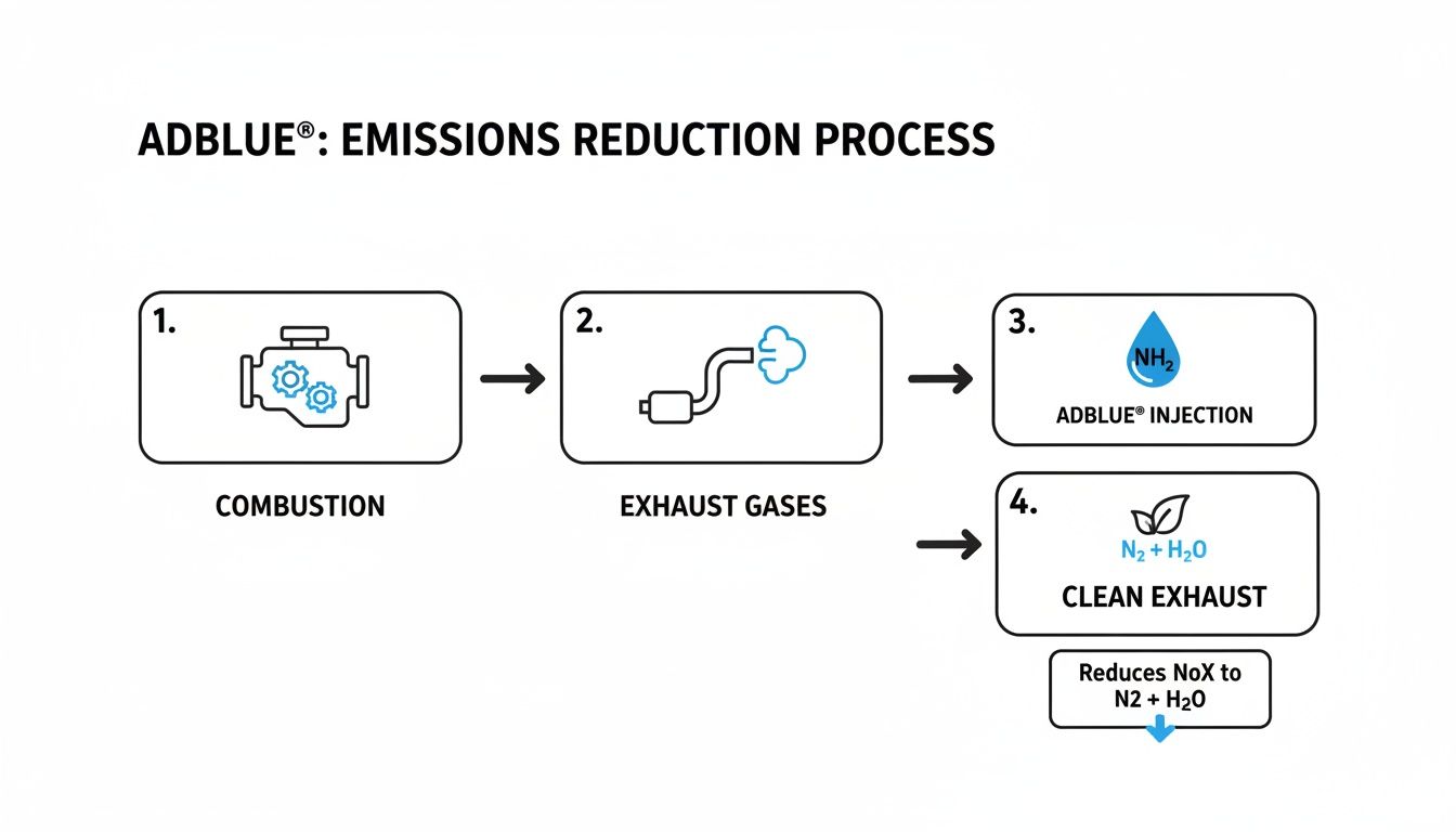 Diagram illustrating the AdBlue® emissions reduction process in four steps, from combustion to clean exhaust.