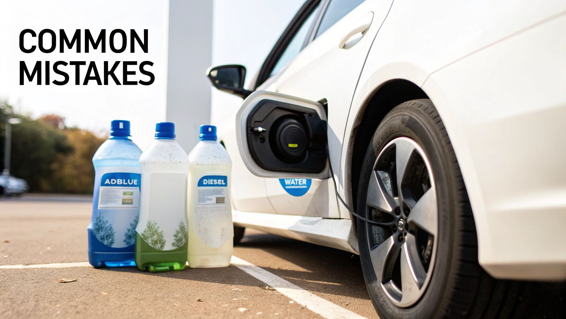 Bottles of AdBlue and Diesel next to an electric car charging, highlighting common vehicle fueling mistakes.