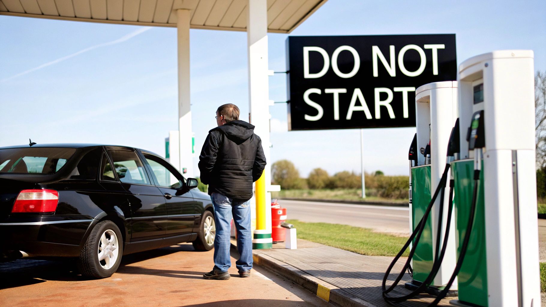 A man stands next to a black car at a petrol station with a "DO NOT START" sign.