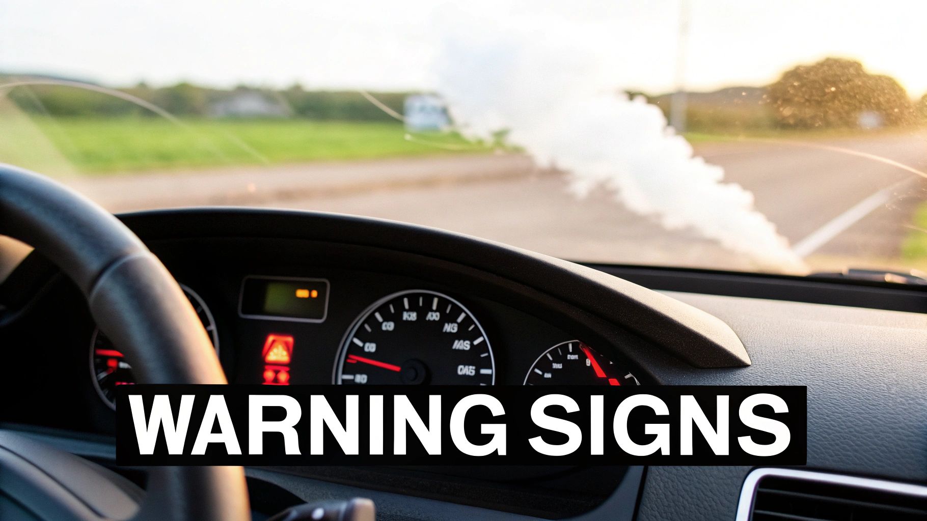A car's dashboard with warning lights illuminated, and smoke billowing from under the hood on a road.