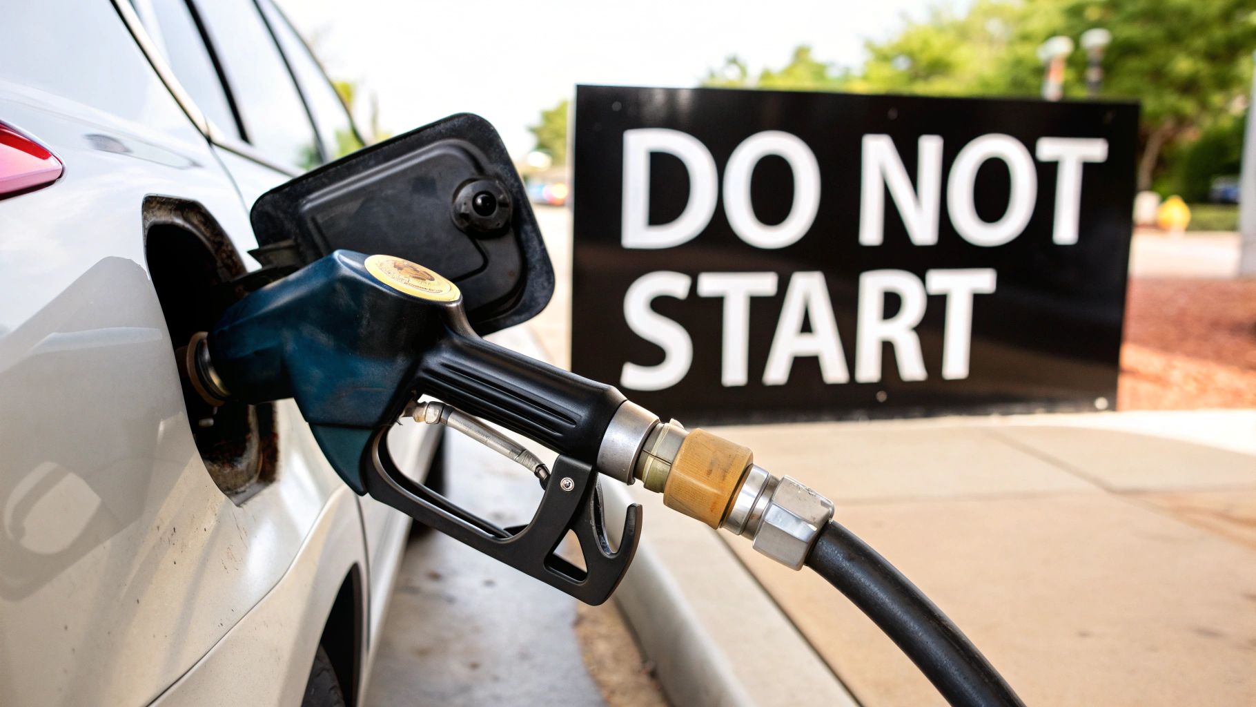 Fueling a white car at a gas station with a 'DO NOT START' sign visible.