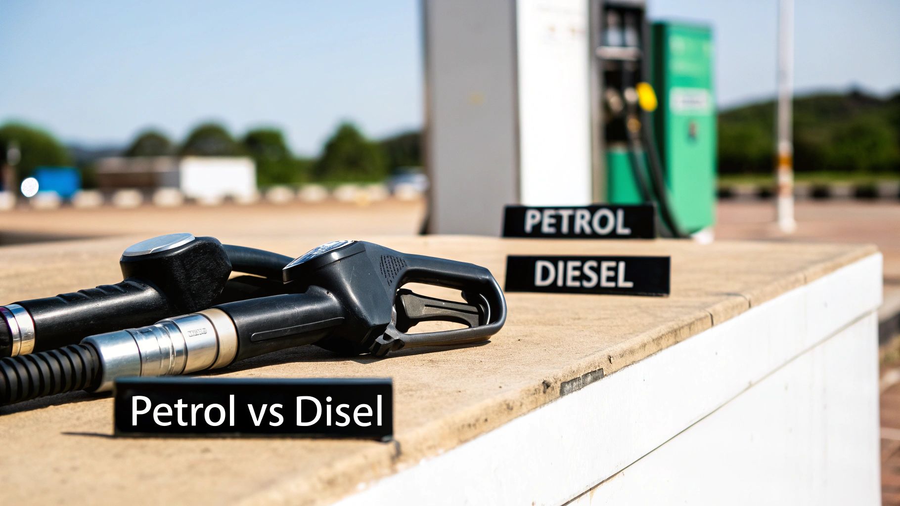 A split image showing a petrol pump nozzle on one side and a diesel pump nozzle on the other