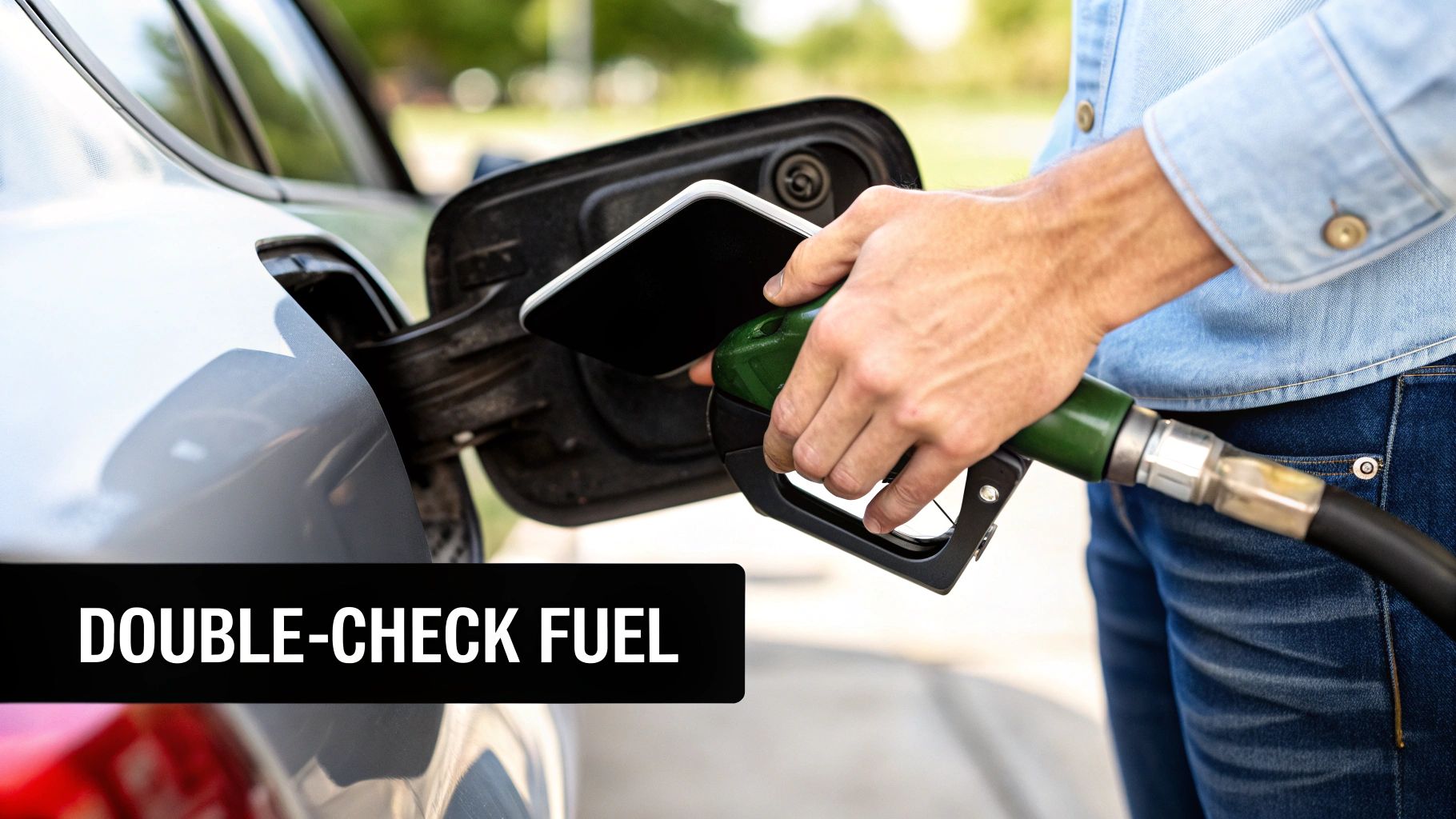 A person's hand inserts a green fuel pump nozzle into a silver car's gas tank at a station.