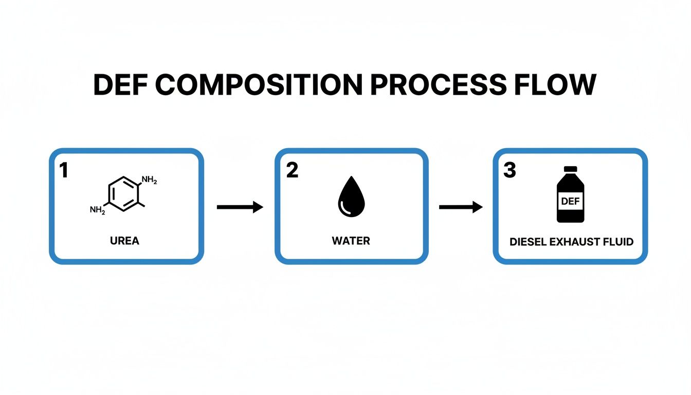 Diagram illustrating the composition process of Diesel Exhaust Fluid (DEF) from urea and water.
