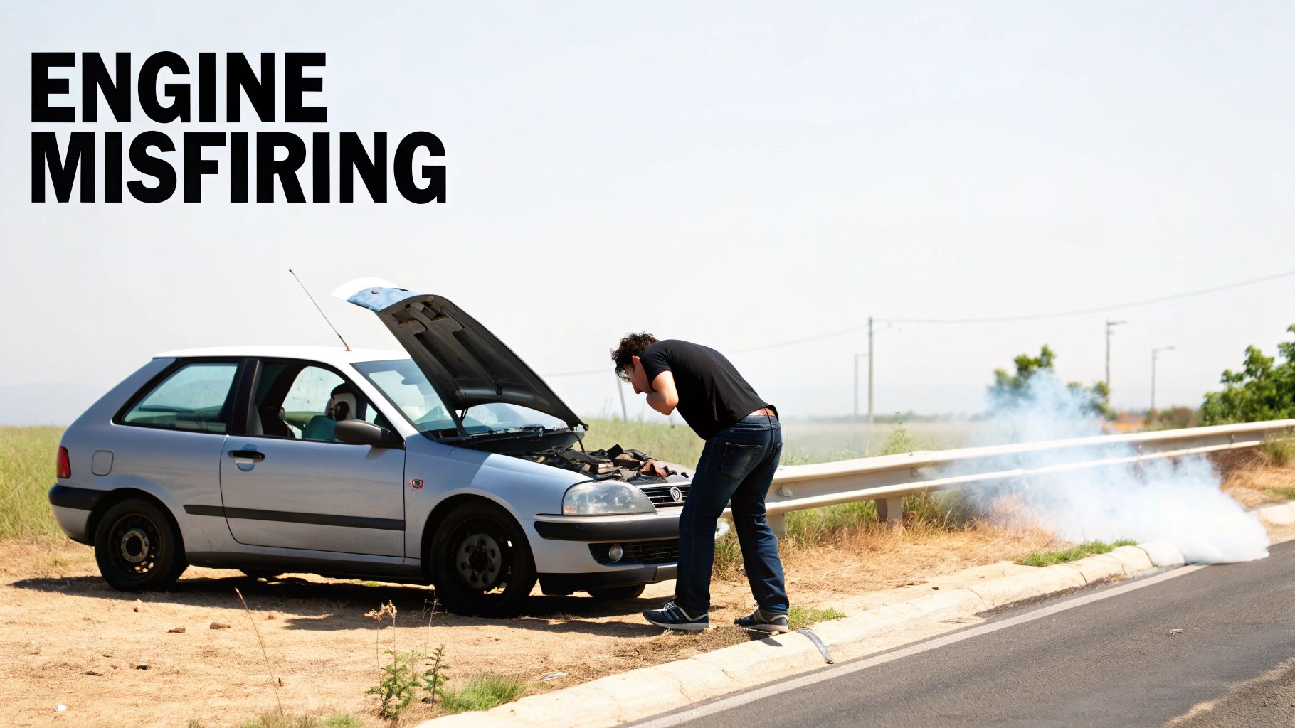 A man inspects the engine of a broken-down silver car with smoke, indicating an engine misfiring.