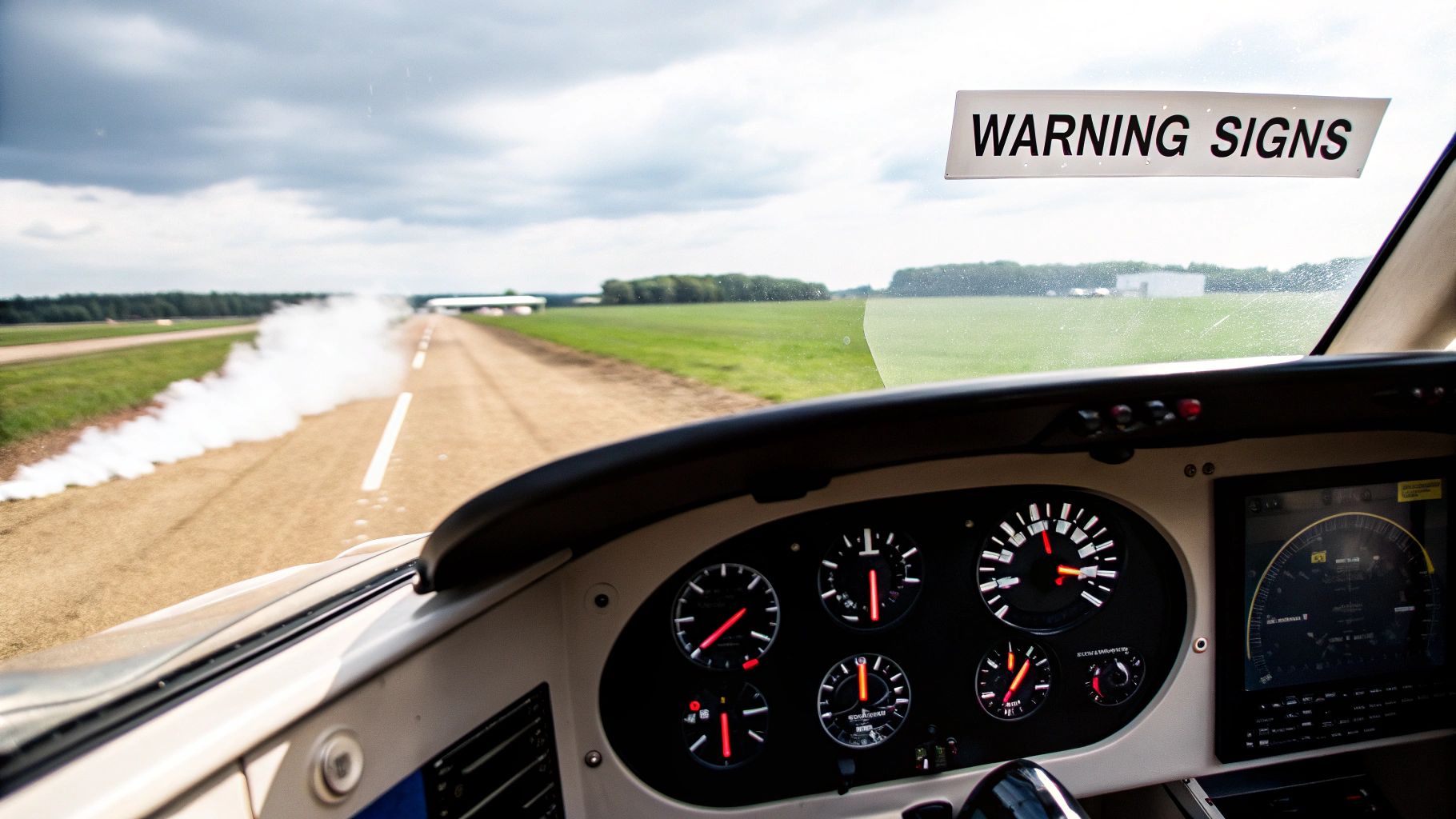 View from an airplane cockpit showing instruments, a runway with smoke, and a 'WARNING SIGNS' banner.