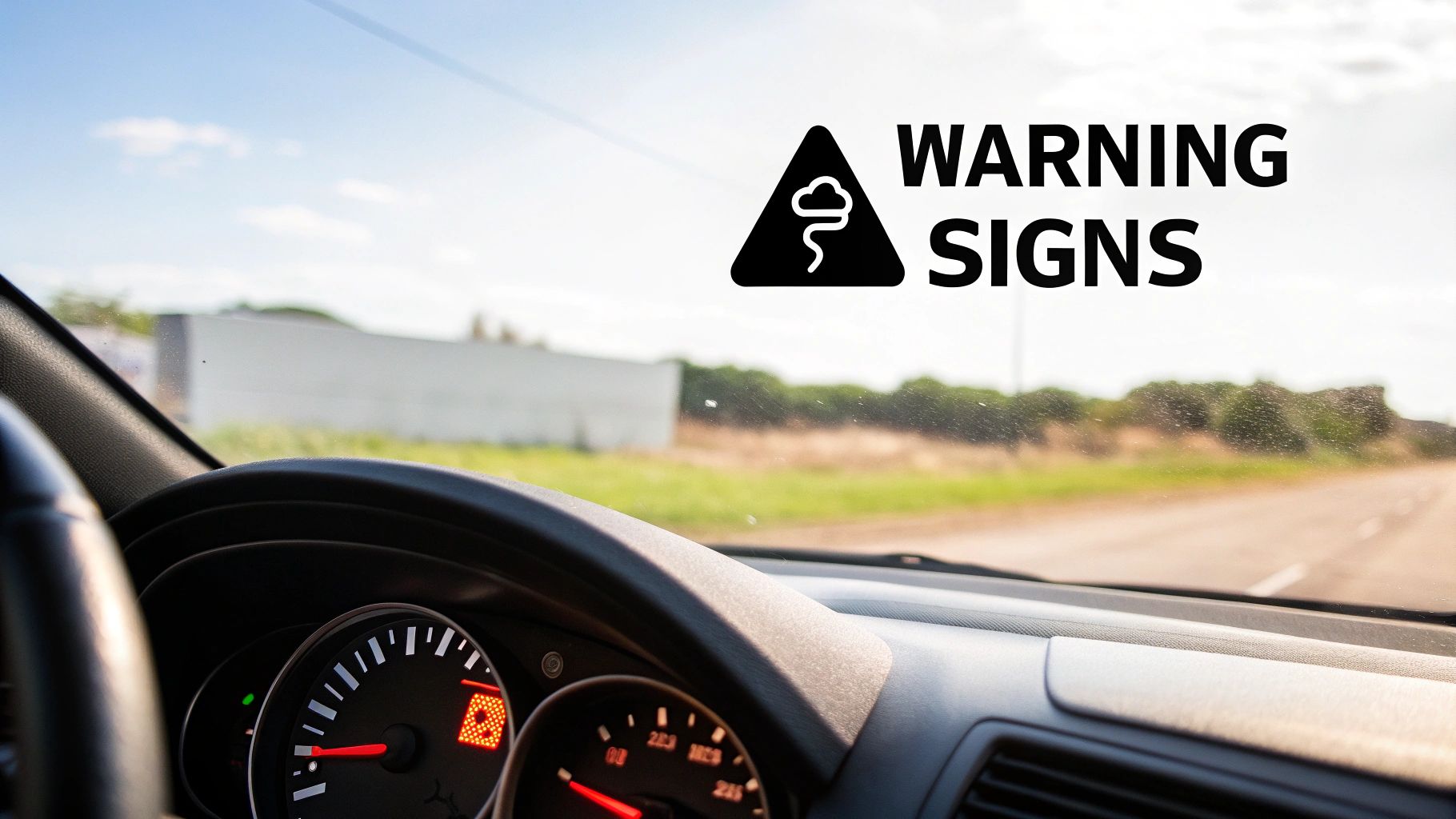 A car dashboard showing an illuminated engine management light, a clear warning sign.