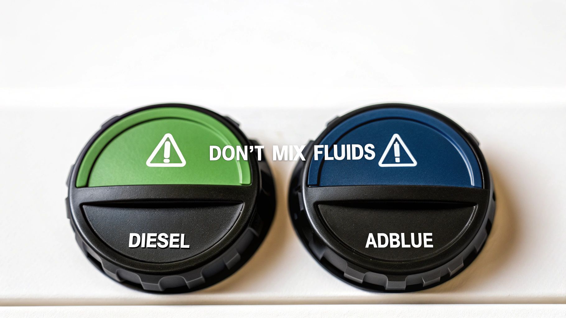 Two vehicle caps, one green for Diesel and one blue for AdBlue, with a 'don't mix fluids' warning.