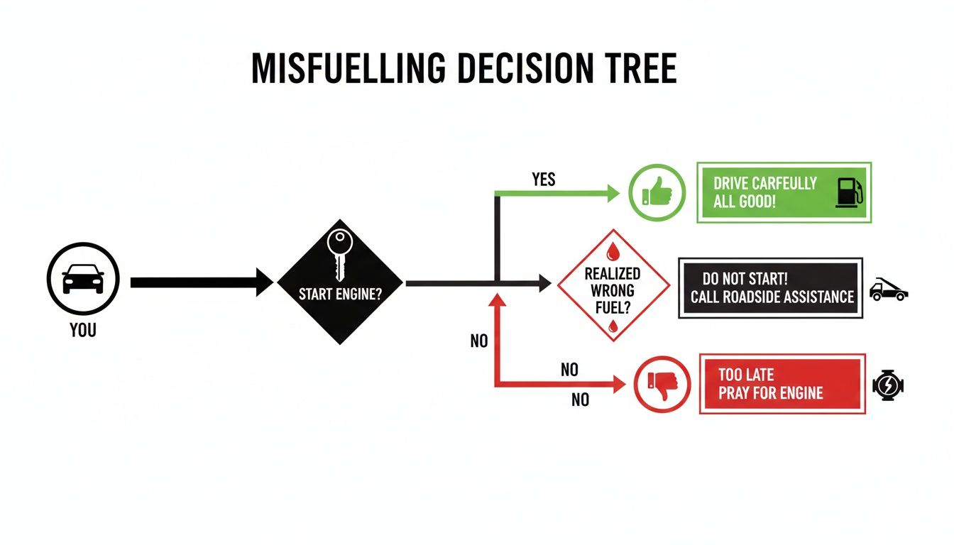 A misfuelling decision tree flowchart illustrating steps to take when wrong fuel is put in a car.