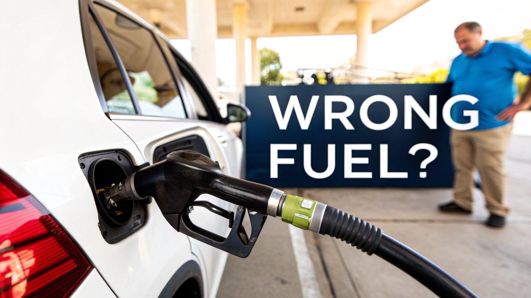 A close-up of a fuel nozzle in a white car's tank, with a 'WRONG FUEL?' sign and a man in the background.