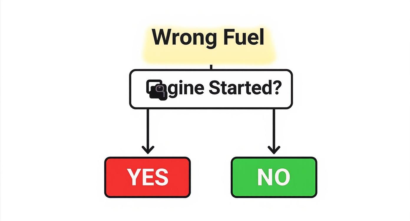 Decision flowchart showing wrong fuel scenario with engine started question and yes no options