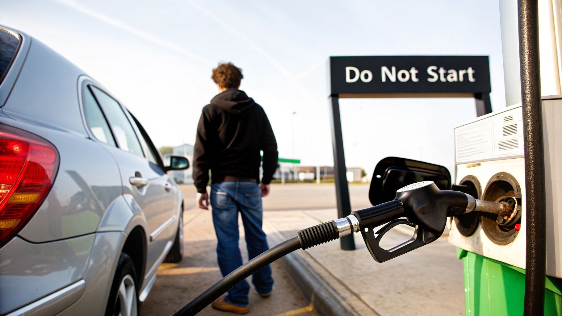 A man stands at a gas station with a fuel nozzle in a silver car, next to a &#39;Do Not Start&#39; sign.