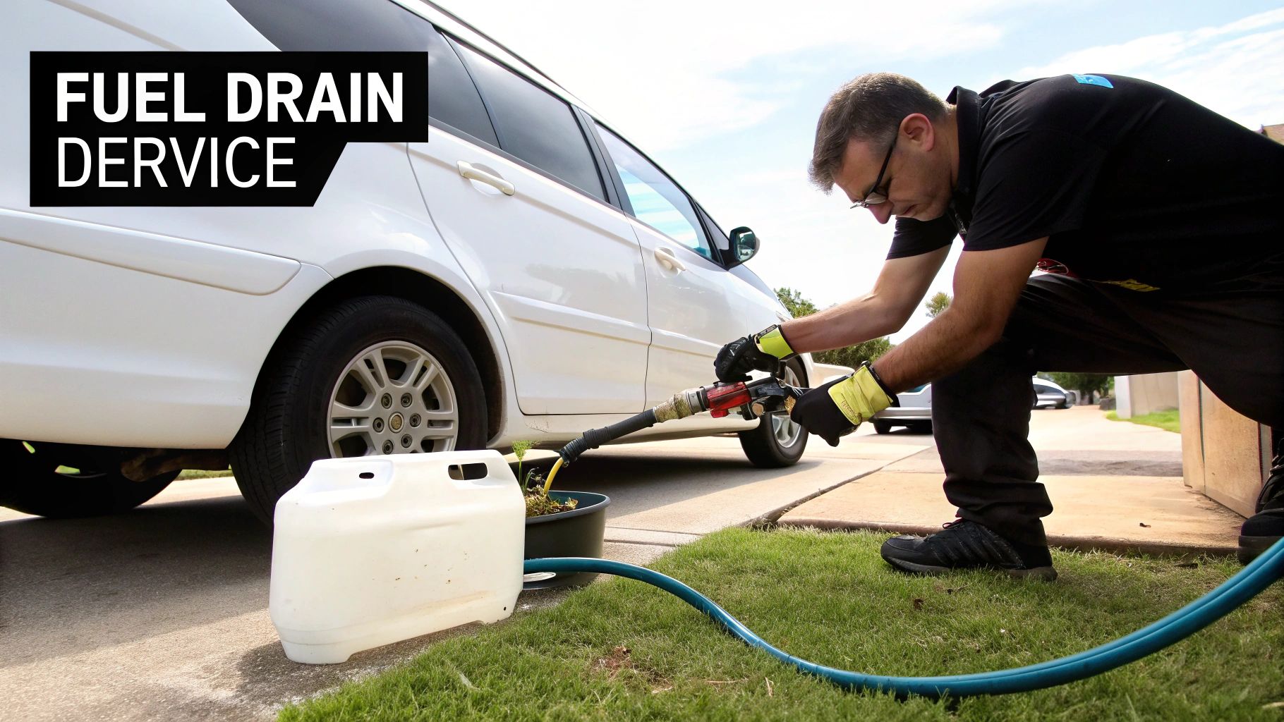 A technician using specialised equipment to drain fuel from a car&#39;s tank.