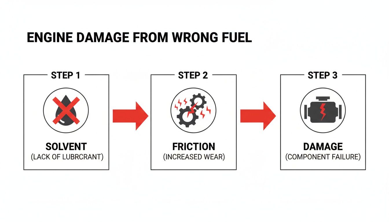 Diagram showing the three-step progression of engine damage from wrong fuel: solvent, friction, to component failure.