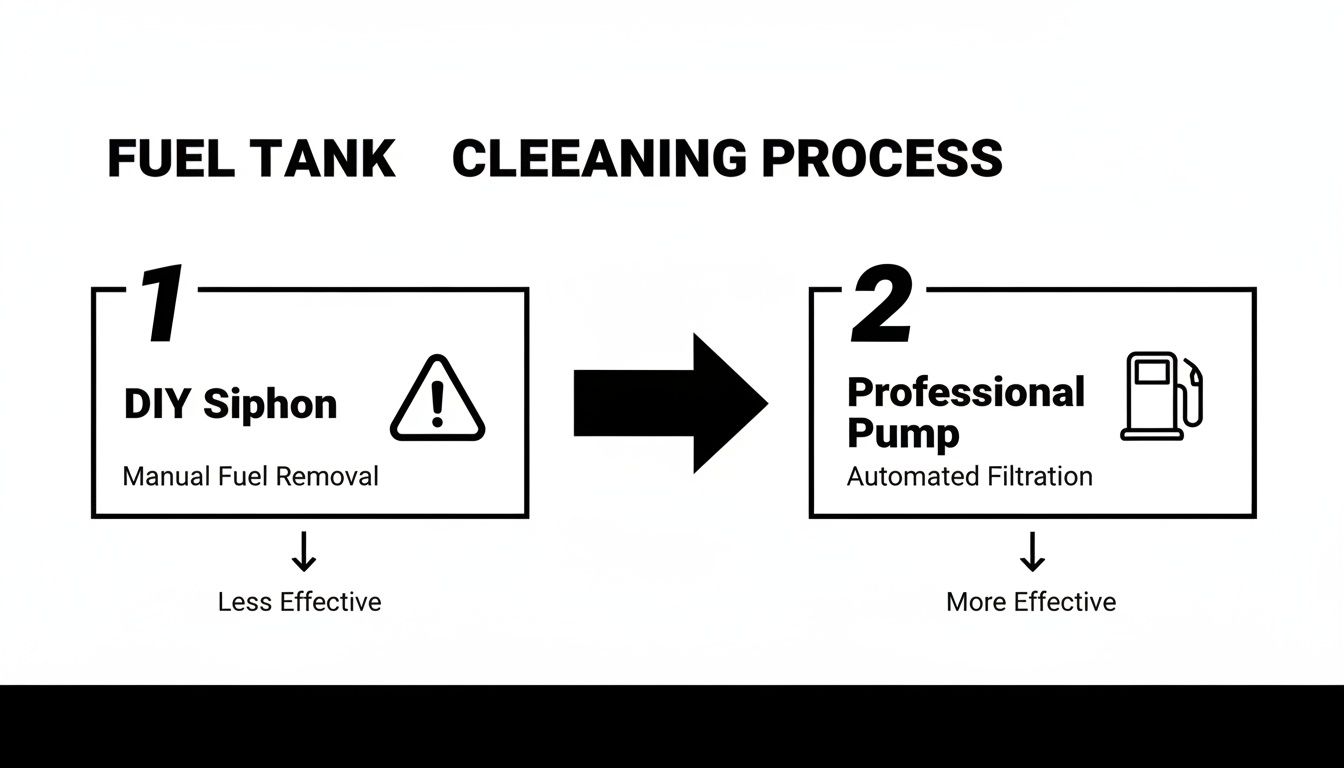 Infographic comparing two fuel tank cleaning methods: DIY siphon (less effective) vs. professional pump (more effective).