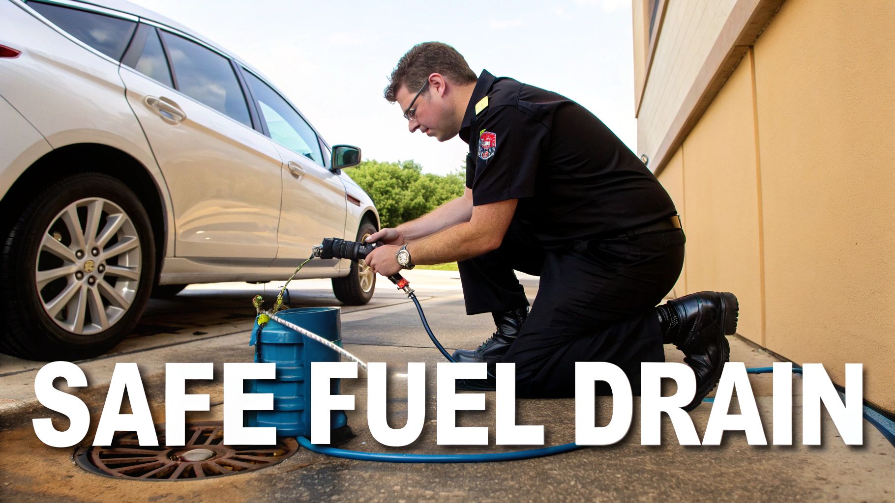Professional technician safely draining fuel from vehicle tank into blue container at residential driveway
