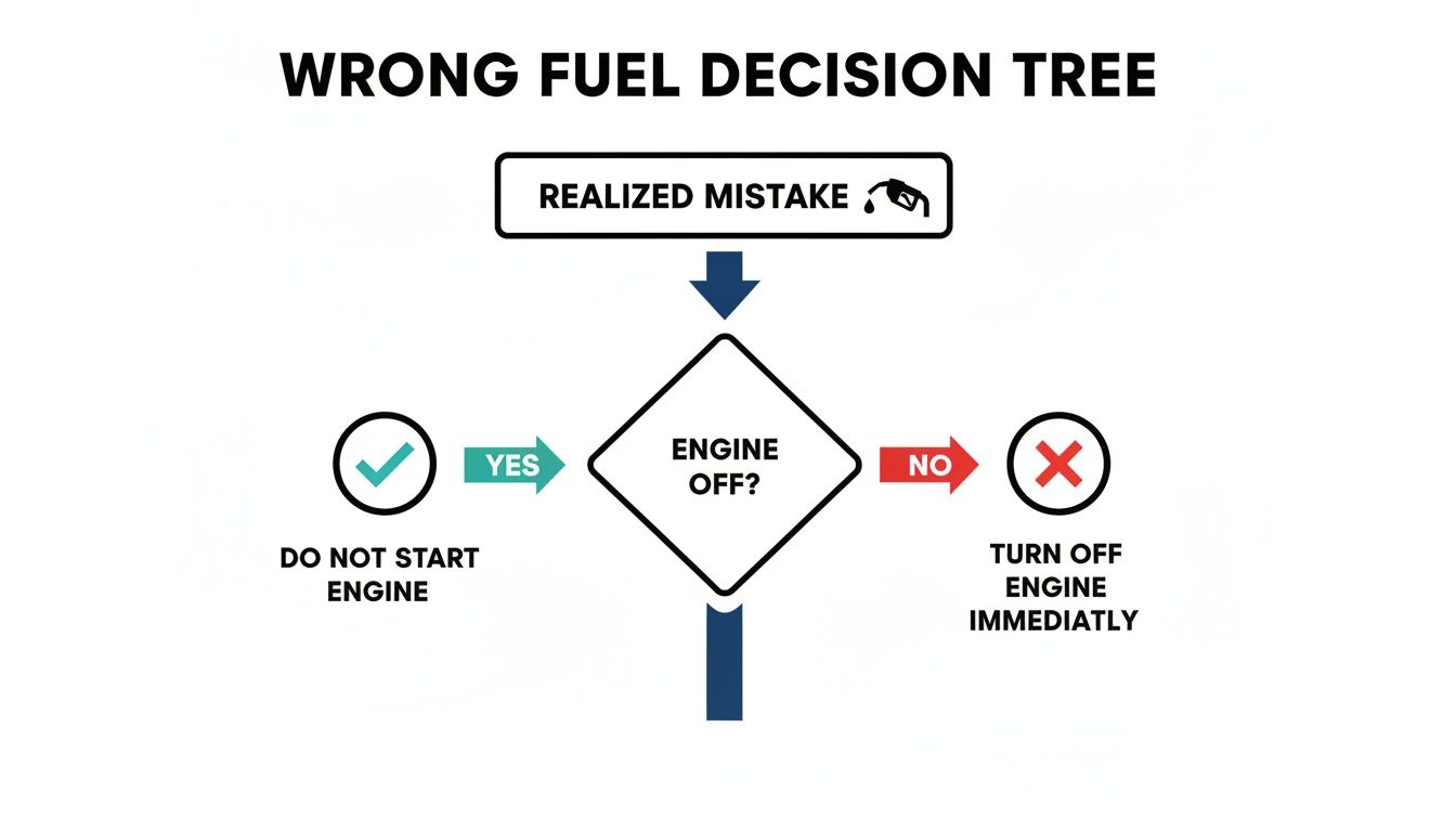 Decision tree outlining steps to take after realizing wrong fuel was put in a vehicle.