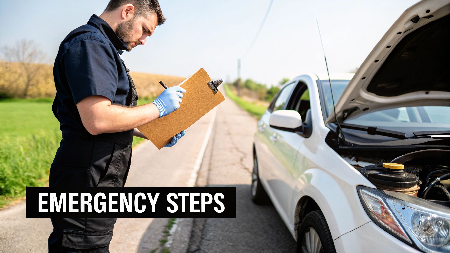 A man in uniform and blue gloves writes on a clipboard next to a white car with its hood open, indicating emergency steps.