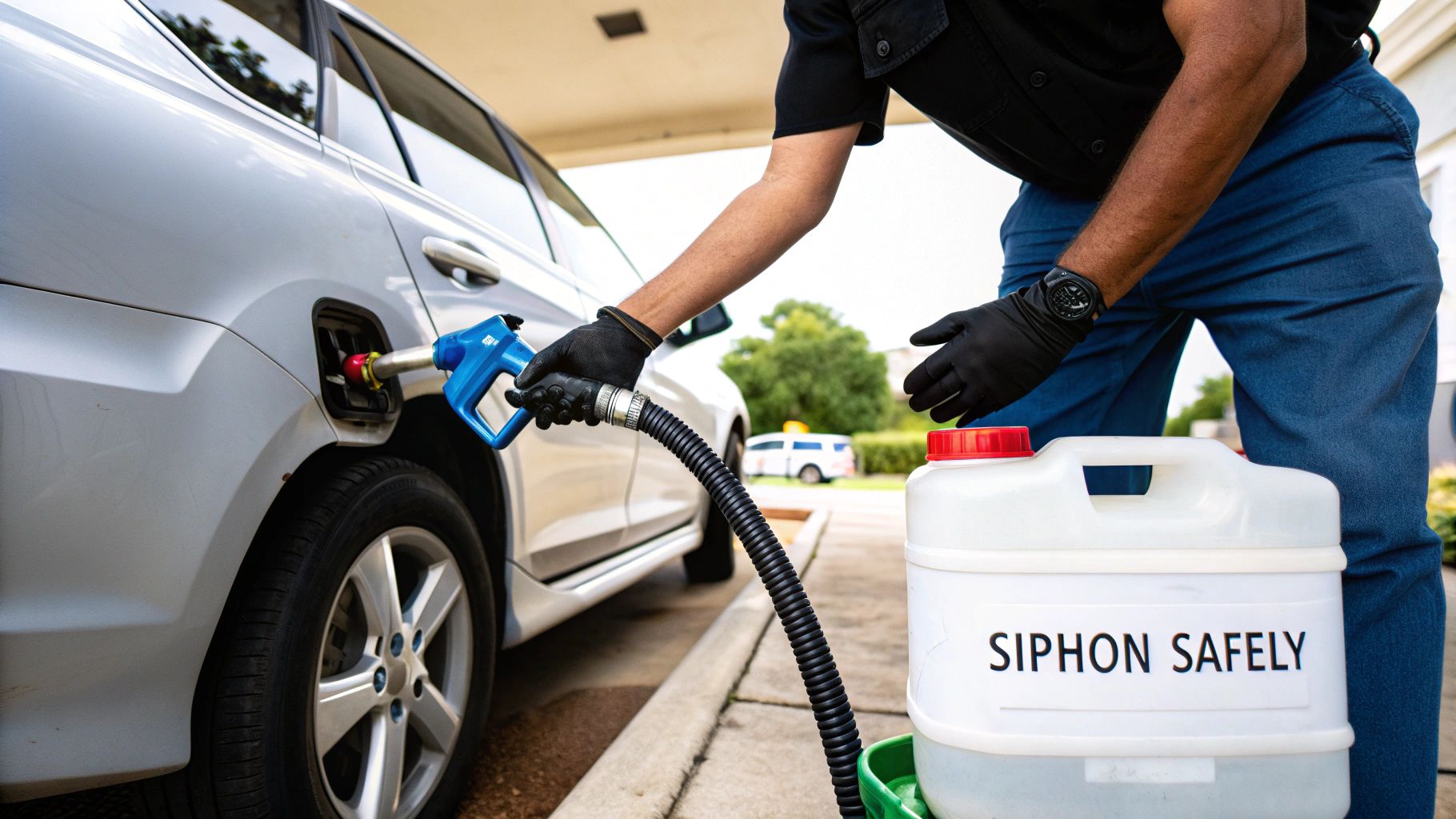 Person safely siphoning fuel from a silver car&#39;s tank into a white container labeled &#39;Siphon Safely&#39;.