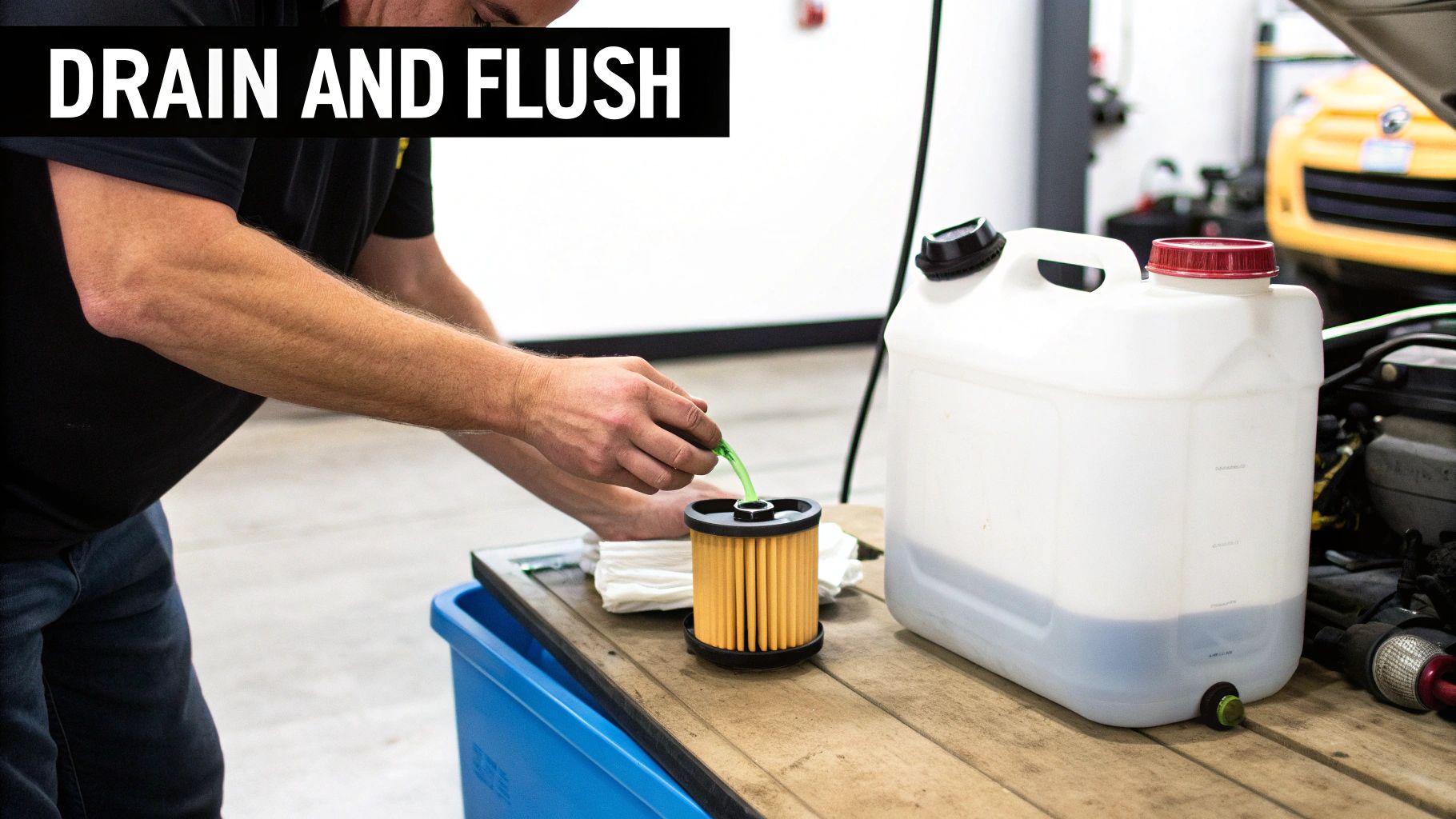 A technician wearing gloves works on a vehicle's fuel system.