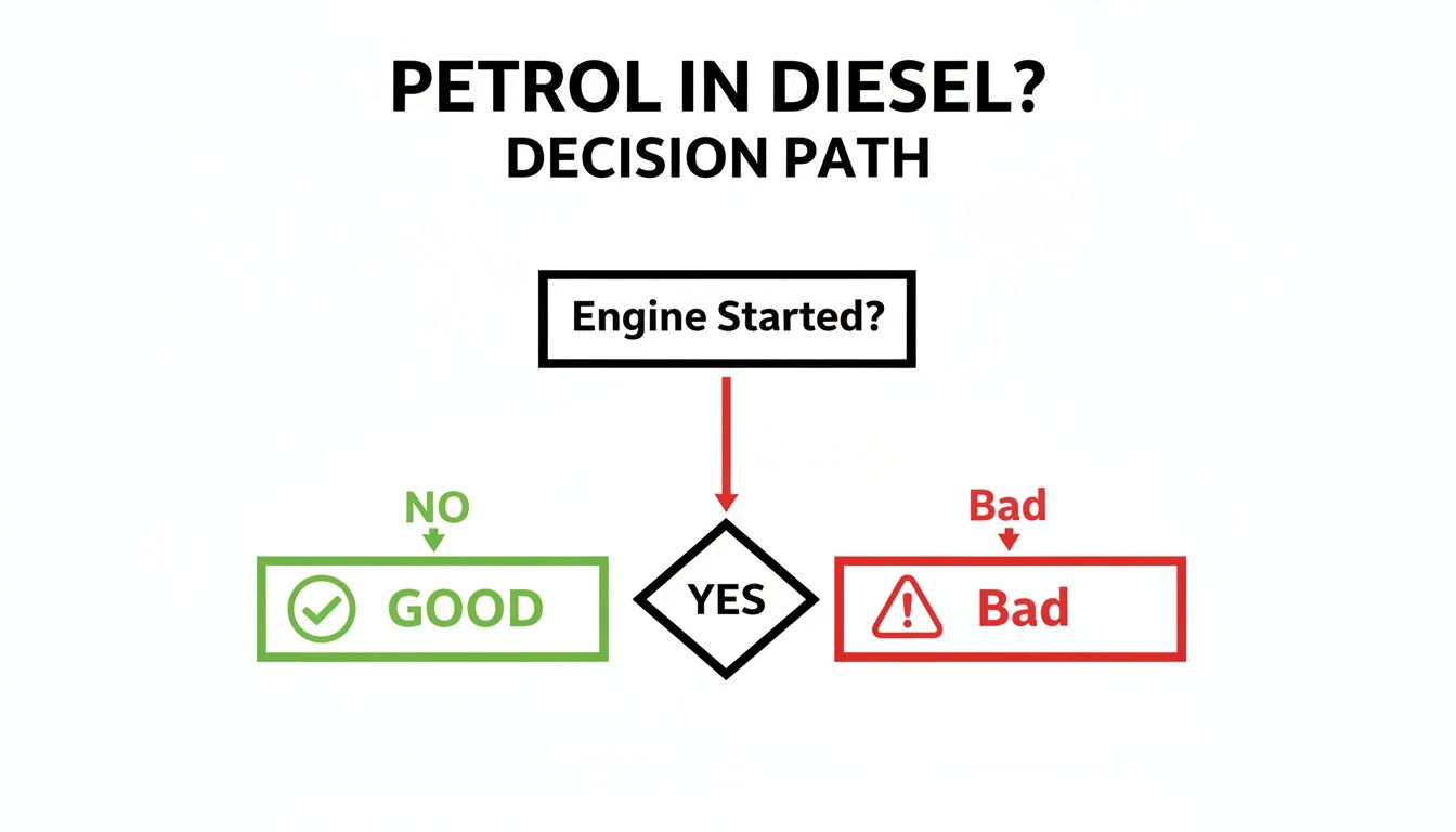 A flowchart showing the decision path for petrol mistakenly put into a diesel engine.