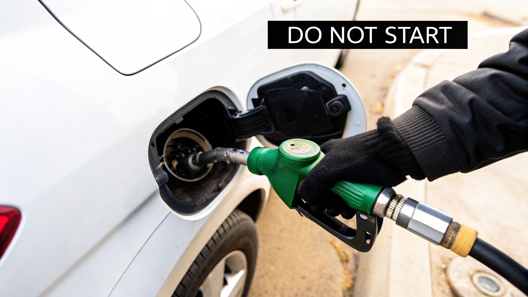 Gloved hand putting a green fuel nozzle into a white car's fuel tank, with a 'DO NOT START' warning.