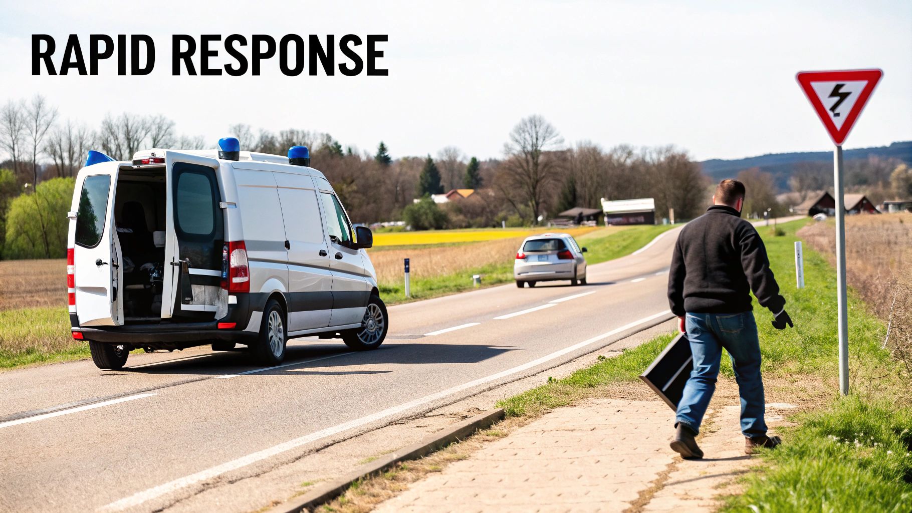 Emergency roadside assistance van with blue lights responding to vehicle breakdown on rural road