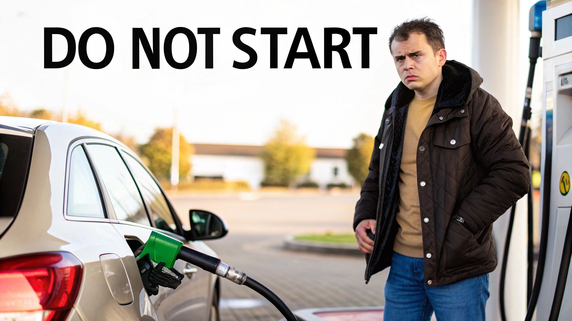 A concerned man stands at a gas station with a fuel nozzle in a car, text reads 'DO NOT START'.