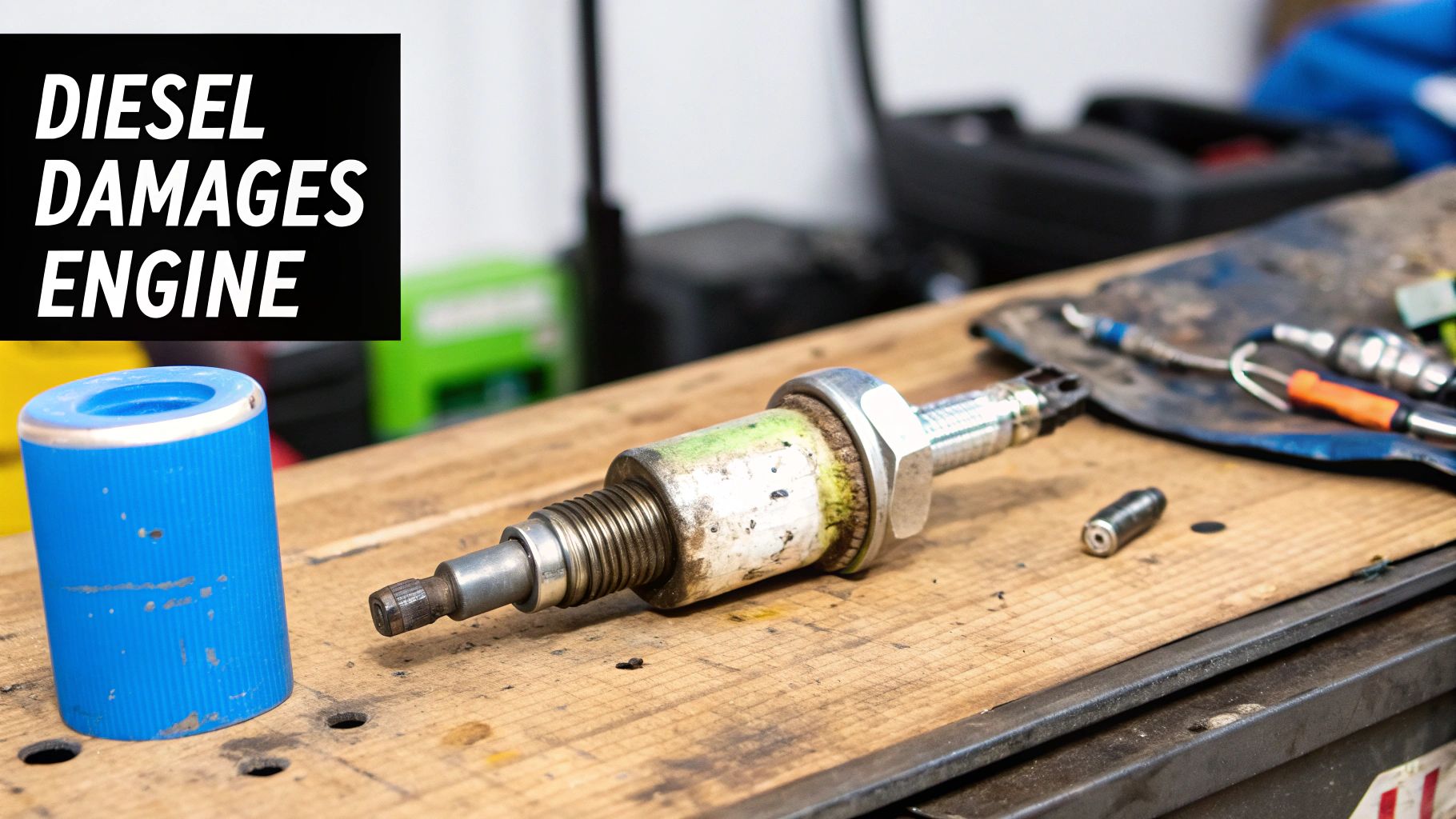 Dirty diesel engine component and blue filter cap on a workbench with 'DIESEL DAMAGES ENGINE' text.
