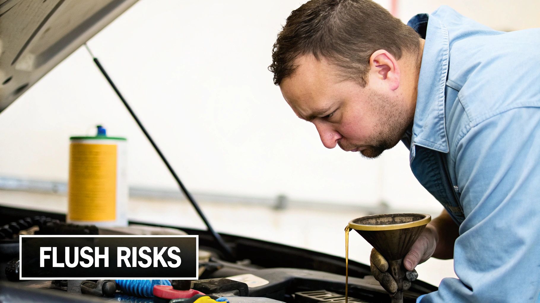 A mechanic in a blue shirt pours oil into a car engine with a funnel, highlighting &#39;FLUSH RISKS&#39;.
