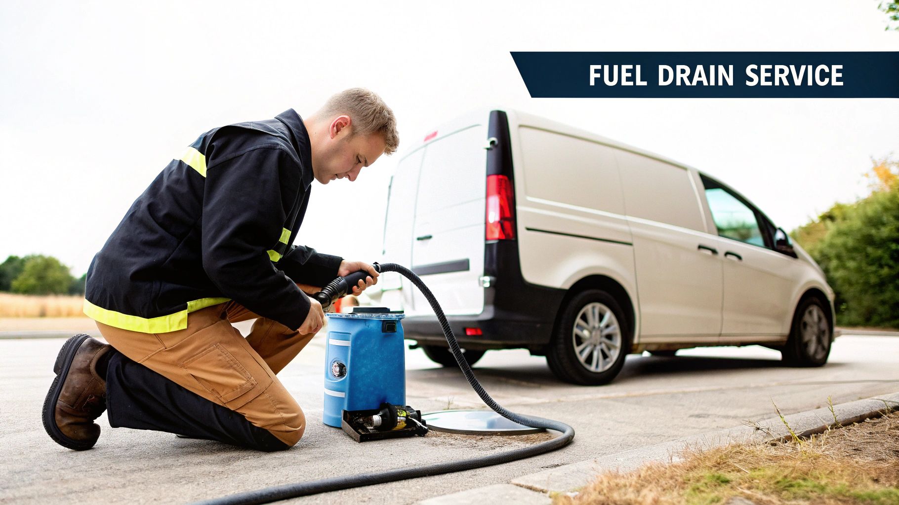 A man in work clothes kneels, draining fuel from a white van into a blue container, providing a fuel drain service.