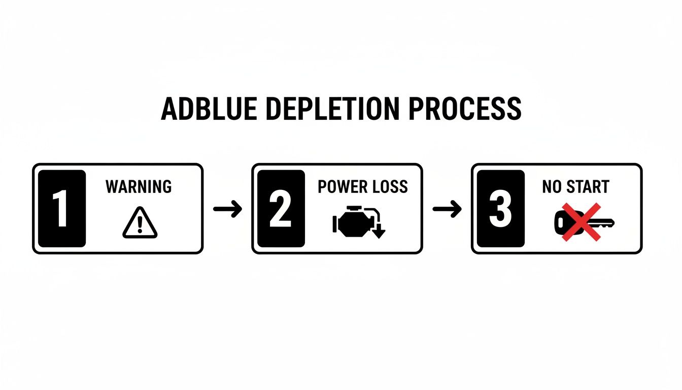 A diagram shows the AdBlue depletion process in three steps: warning, power loss, and no start.