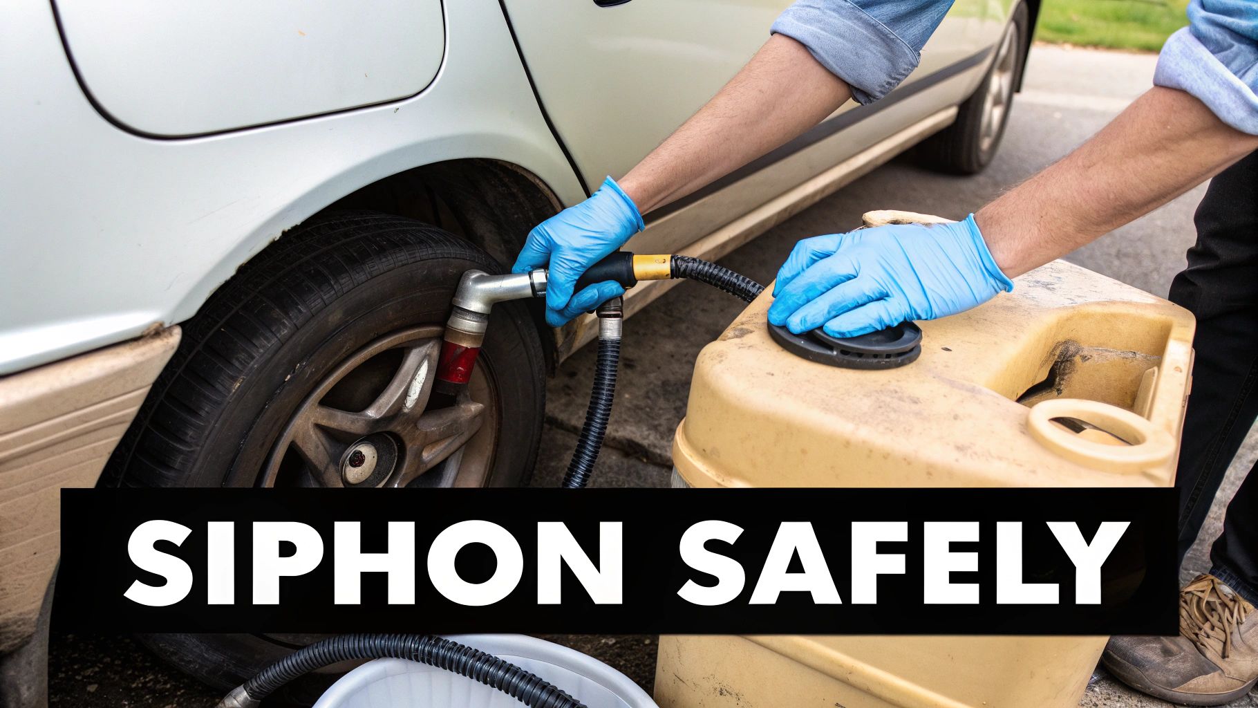 A person wearing blue gloves uses a pump to siphon liquid from a car's wheel into a container.